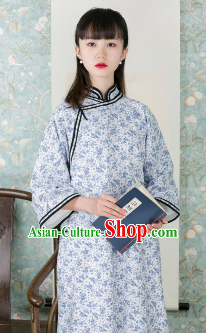 Traditional Chinese Printing Blue Flowers Qipao Dress National Tang Suit Cheongsam Costume for Women