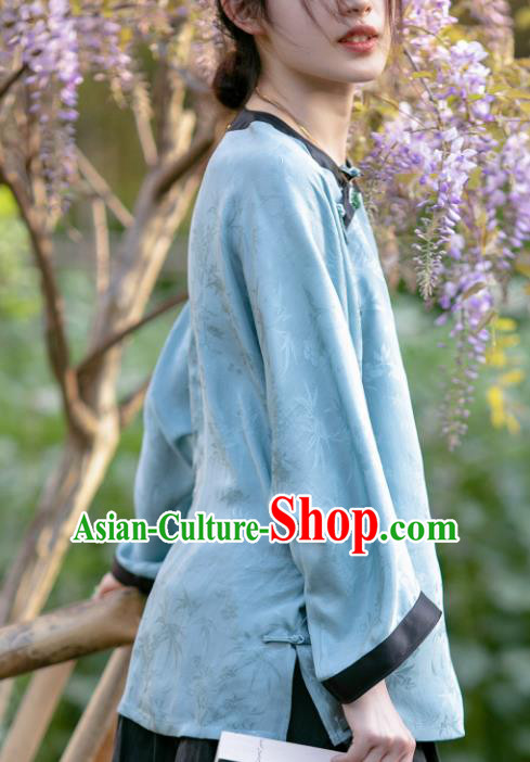Chinese Traditional Tang Suit Blue Brocade Blouse National Costume Republic of China Qipao Upper Outer Garment for Women