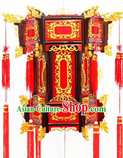 Chinese Traditional New Year Carving Dragon Wood Red Palace Lantern Asian Handmade Lantern Ancient Lamp