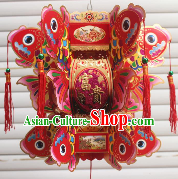 Chinese Traditional Handmade Paper Carving Fishes Red Palace Lantern Asian New Year Lantern Ancient Lamp