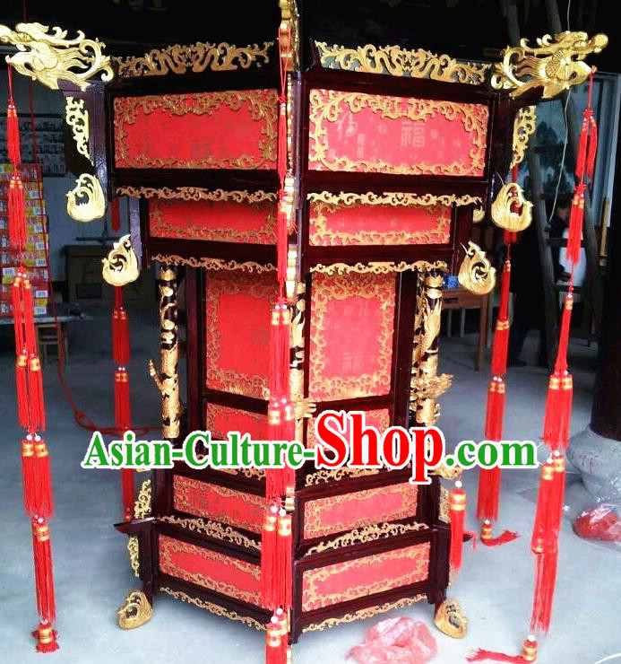 Chinese Traditional Handmade Carving Dragons Wood Red Palace Lantern Asian New Year Lantern Ancient Ceiling Lamp