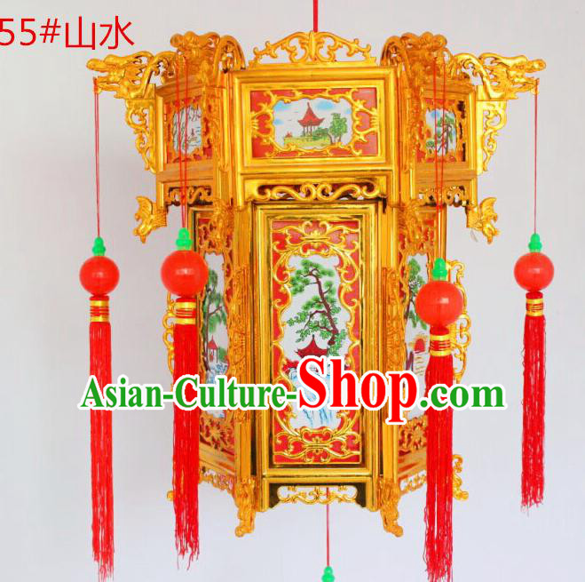 Chinese Traditional Handmade Carving Printing Landscape Palace Lantern Asian New Year Red Lantern Ancient Ceiling Lamp