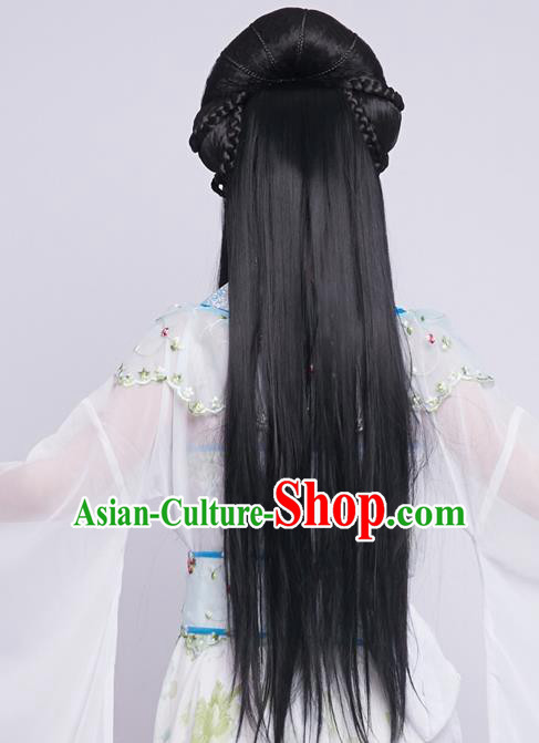 Chinese Ancient Princess Black Long Wigs Traditional Tang Dynasty Nobility Lady Wig Sheath Headwear for Women