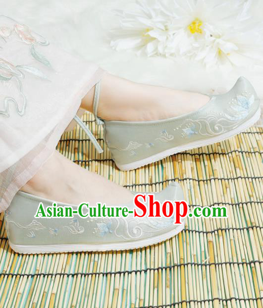 Chinese National Light Green Embroidered Shoes Ancient Traditional Princess Shoes Hanfu Shoes for Women
