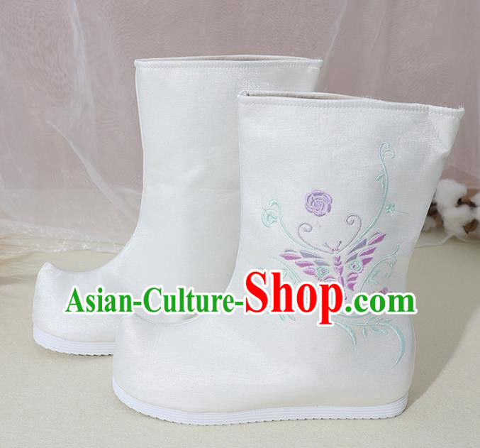 Chinese National Embroidered Butterfly White Boots Hanfu Shoes Traditional Princess Shoes Ancient Shoes for Women