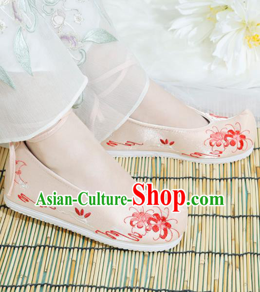 Chinese National Embroidered Manjusaka Pink Shoes Ancient Traditional Princess Shoes Hanfu Shoes for Women