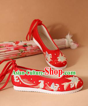 Chinese National Wedding Embroidered Fish Red Shoes Ancient Traditional Princess Shoes Hanfu Shoes for Women