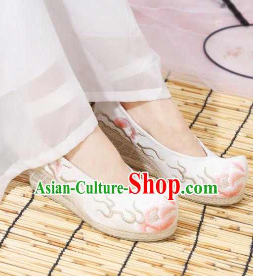 Traditional Chinese National Embroidered Peony High Heels White Shoes Ancient Princess Shoes Handmade Hanfu Shoes for Women