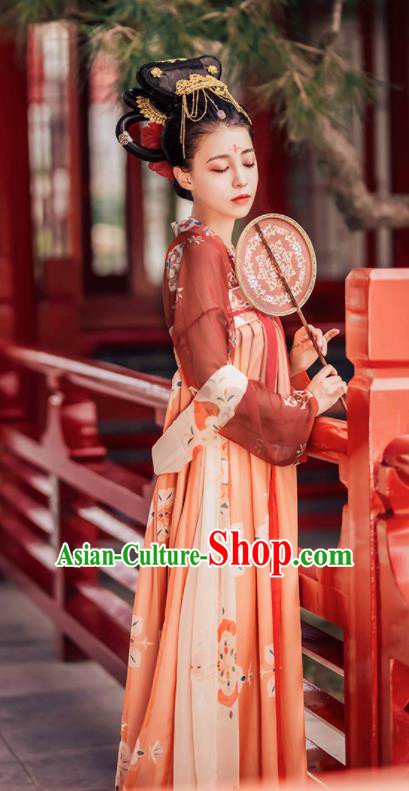 Traditional Chinese Tang Dynasty Court Lady Historical Costumes Ancient Imperial Consort Orange Hanfu Dress for Women