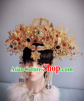 Traditional Chinese Deluxe Golden Phoenix Coronet Hair Accessories Halloween Stage Show Headdress for Women