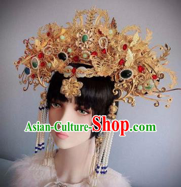 Traditional Chinese Deluxe Golden Phoenix Coronet Hair Accessories Halloween Stage Show Headdress for Women