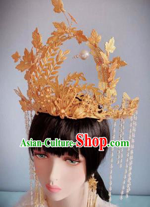 Traditional Chinese Deluxe Golden Leaf Phoenix Coronet Hair Accessories Halloween Stage Show Headdress for Women