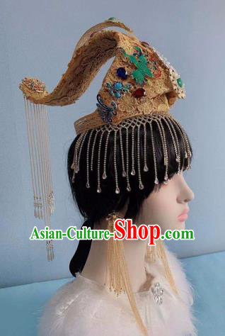 Traditional Chinese Golden Deluxe Tassel Phoenix Coronet Hair Accessories Halloween Stage Show Headdress for Women