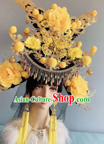 Traditional Chinese Deluxe Yellow Peony Phoenix Coronet Hair Accessories Halloween Stage Show Headdress for Women