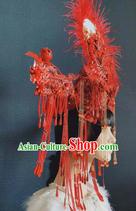 Traditional Chinese Deluxe Red Tassel Hat Phoenix Coronet Hair Accessories Halloween Stage Show Headdress for Women