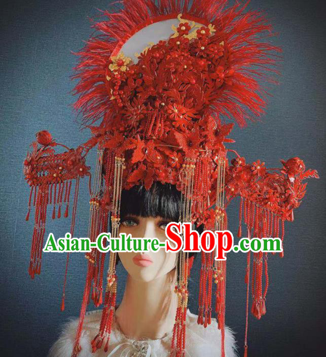 Traditional Chinese Deluxe Red Tassel Hat Phoenix Coronet Hair Accessories Halloween Stage Show Headdress for Women