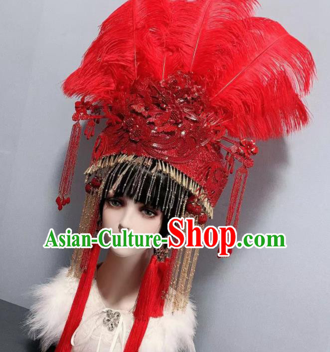Traditional Chinese Deluxe Red Feather Tassel Phoenix Coronet Hair Accessories Halloween Stage Show Headdress for Women