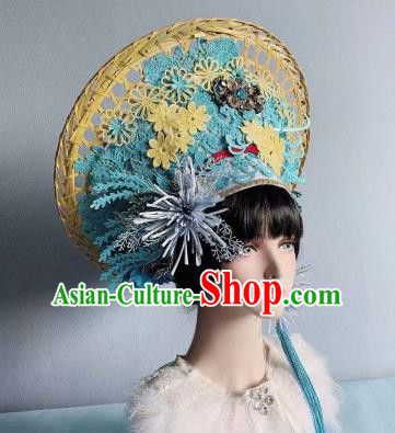 Traditional Chinese Deluxe Blue Hat Phoenix Coronet Hair Accessories Halloween Stage Show Headdress for Women