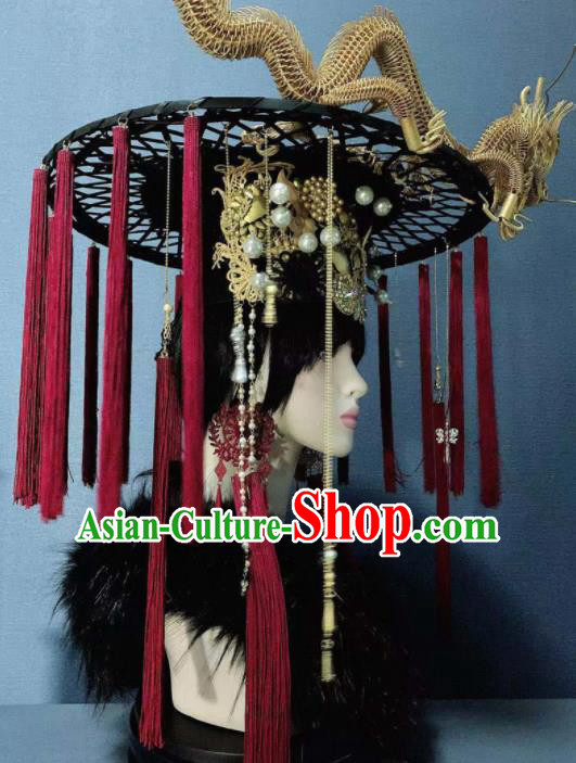 Traditional Chinese Deluxe Palace Golden Dragon Tassel Hat Hair Accessories Halloween Stage Show Headdress for Women
