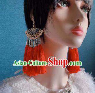 Traditional Chinese Deluxe Orange Tassel Fan Ear Accessories Halloween Stage Show Earrings for Women