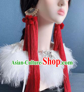 Traditional Chinese Deluxe Red Tassel Fan Ear Accessories Halloween Stage Show Earrings for Women