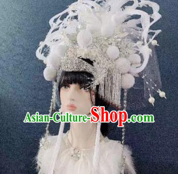 Traditional Chinese Deluxe White Tassel Phoenix Coronet Hair Accessories Halloween Stage Show Headdress for Women