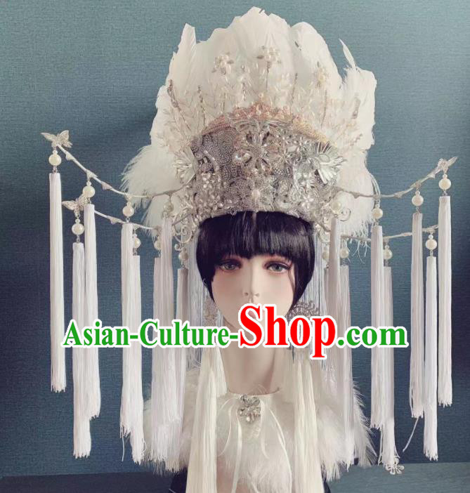 Traditional Chinese Deluxe White Feather Tassel Phoenix Coronet Hair Accessories Halloween Stage Show Headdress for Women