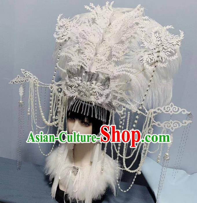 Traditional Chinese Deluxe White Lace Pearls Phoenix Coronet Hair Accessories Halloween Stage Show Headdress for Women