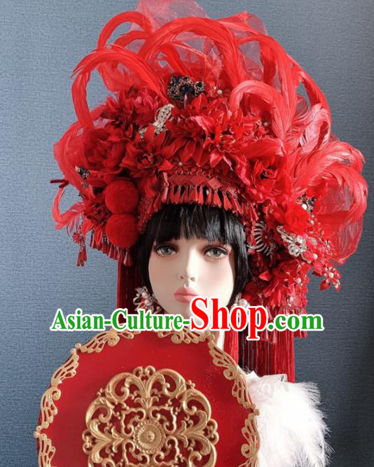 Traditional Chinese Deluxe Red Feather Phoenix Coronet Hair Accessories Halloween Stage Show Headdress for Women