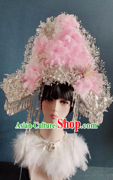 Traditional Chinese Deluxe Pink Feather Flowers Phoenix Coronet Hair Accessories Halloween Stage Show Headdress for Women