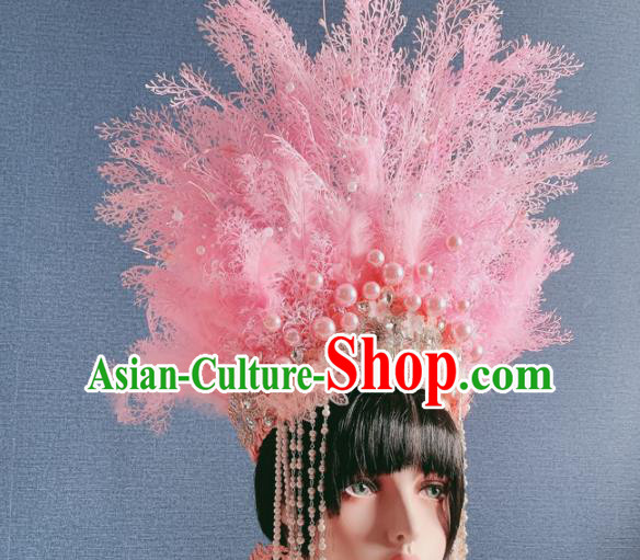 Traditional Chinese Deluxe Pink Feather Phoenix Coronet Hair Accessories Halloween Stage Show Headdress for Women
