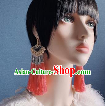 Traditional Chinese Deluxe Pink Tassel Fan Ear Accessories Halloween Stage Show Earrings for Women