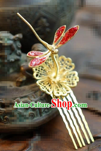 Traditional Chinese Handmade Court Hairpins Hair Accessories Ancient Hanfu Red Dragonfly Hair Comb for Women