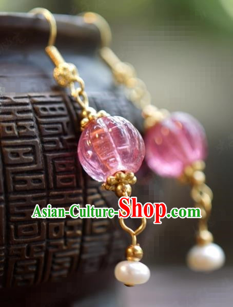 Traditional Chinese Handmade Court Ear Accessories Ancient Princess Pink Earrings for Women