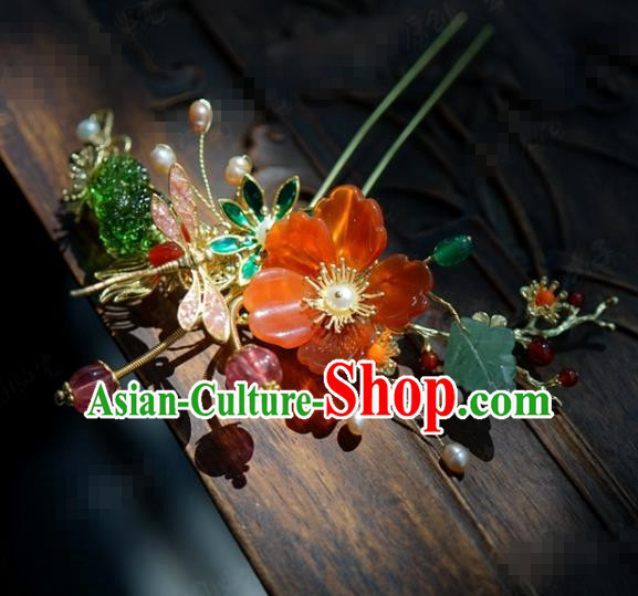 Traditional Chinese Handmade Court Dragonfly Red Plum Hairpins Hair Accessories Ancient Hanfu Hair Clip for Women