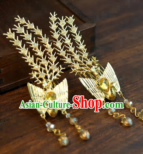 Traditional Chinese Ancient Bride Golden Phoenix Hair Comb Handmade Hanfu Court Queen Hairpins Hair Accessories for Women