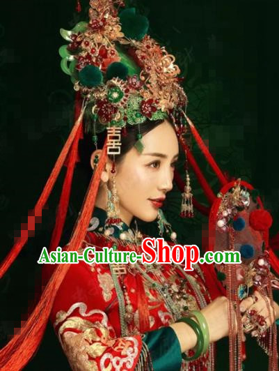 Traditional Chinese Wedding Hair Accessories Green Phoenix Coronet Ancient Bride Hairpins Complete Set for Women