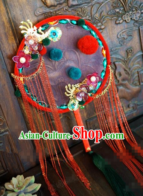 Traditional Chinese Handmade Court Wedding Palace Fan Ancient Bride Red Tassel Round Fans for Women