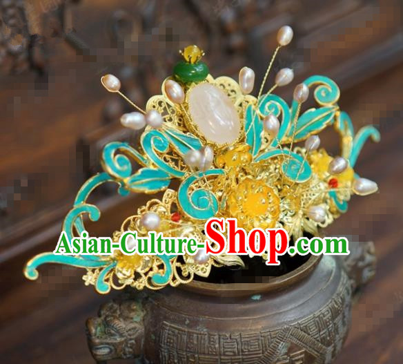 Traditional Chinese Ancient Bride Pearls Hair Crown Handmade Hanfu Court Queen Hairpins Hair Accessories for Women