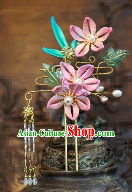 Traditional Chinese Ancient Bride Pink Plum Hair Clip Hanfu Court Queen Hairpins Handmade Hair Accessories for Women