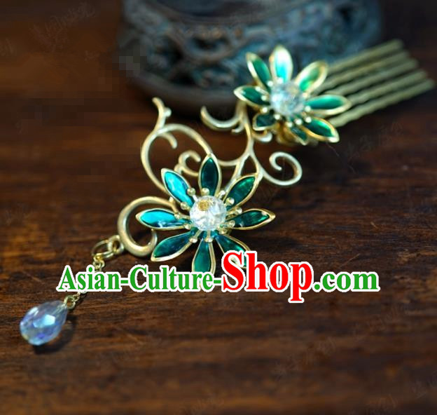 Traditional Chinese Handmade Court Blueing Flower Hairpins Hair Accessories Ancient Queen Hanfu Tassel Hair Comb for Women
