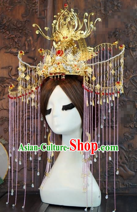 Traditional Chinese Wedding Hair Accessories Luxury Pink Tassel Phoenix Coronet Ancient Bride Hairpins Complete Set for Women