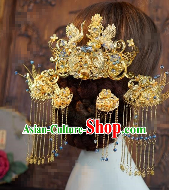 Traditional Chinese Wedding Hair Accessories Ancient Bride Golden Cranes Phoenix Coronet Hairpins Complete Set for Women