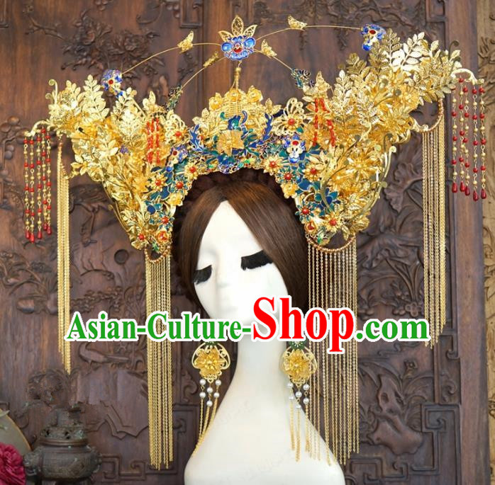 Traditional Chinese Wedding Hair Accessories Ancient Bride Cloisonne Phoenix Coronet Hairpins Complete Set for Women