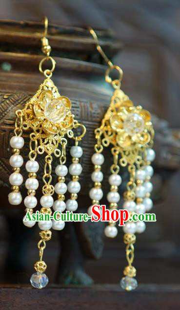 Traditional Chinese Handmade Court Ear Accessories Ancient Princess Pearls Tassel Golden Earrings for Women