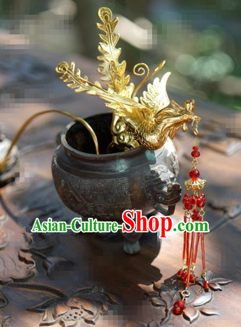 Traditional Chinese Handmade Court Red Tassel Phoenix Hairpins Hair Accessories Ancient Hanfu Hair Clip for Women