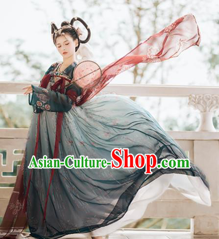 Traditional Chinese Tang Dynasty Court Replica Costumes Ancient Imperial Consort Deep Green Hanfu Dress for Women