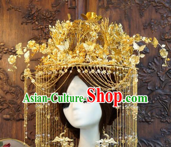 Traditional Chinese Wedding Luxury Golden Butterfly Phoenix Coronet Hair Accessories Ancient Bride Tassel Hairpins Complete Set for Women