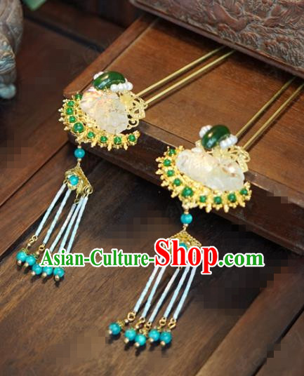 Traditional Chinese Ancient Bride Jade Tassel Hair Clip Hanfu Court Queen Hairpins Handmade Hair Accessories for Women