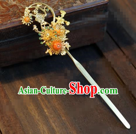 Traditional Chinese Ancient Bride Golden Chrysanthemum Hair Clip Hanfu Court Queen Hairpins Handmade Hair Accessories for Women